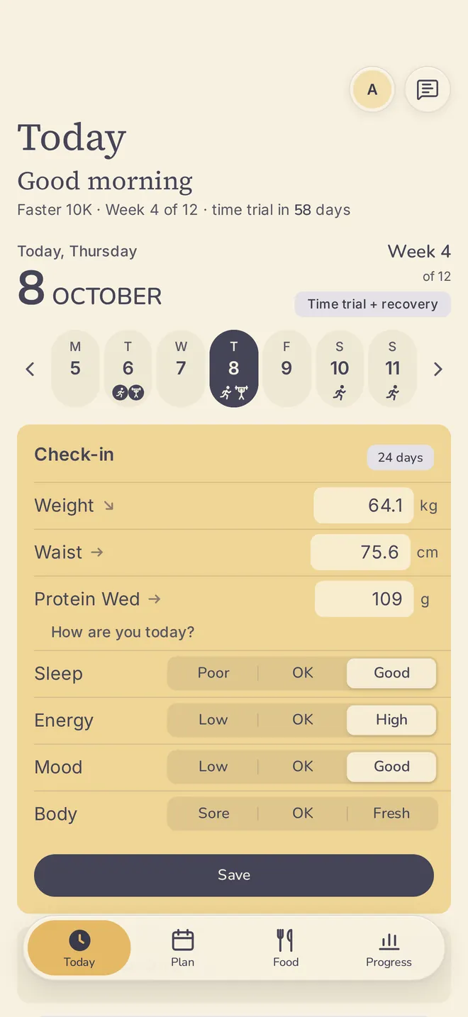 Kelter's daily check-in: weight, waist, and protein with small trend arrows, then sleep, energy, and mood as one-tap choices.