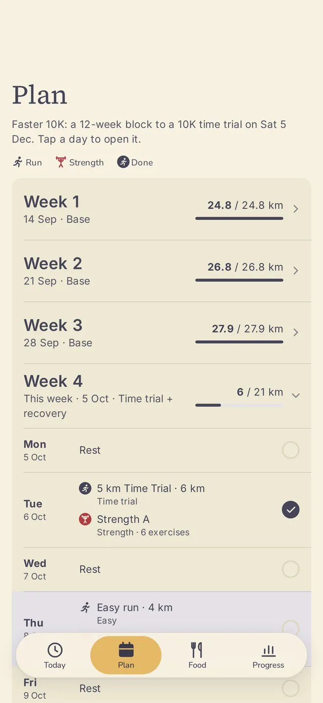 Kelter's Plan screen: a 12-week block shown week by week, with this week opened to show each day's run and strength session.