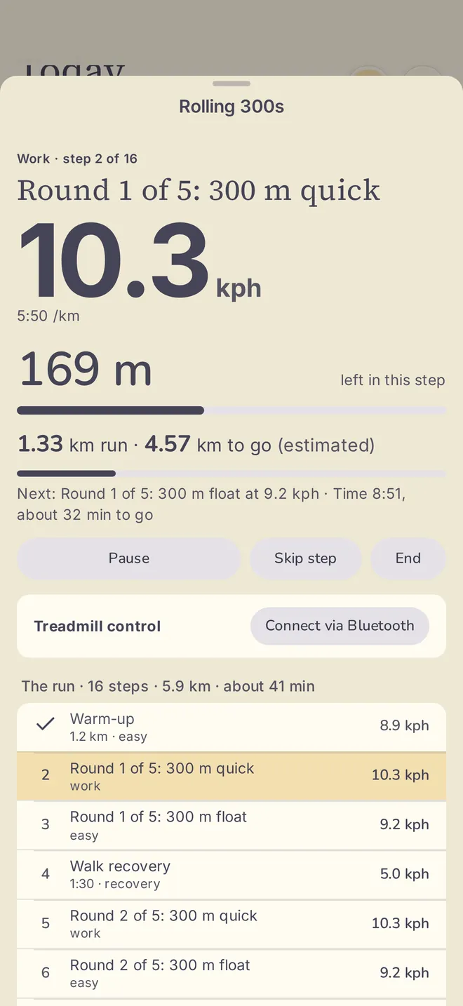 Kelter's guided run screen, nine minutes into an intervals session: the speed for this step, 169 metres left in it, and the steps still to come.
