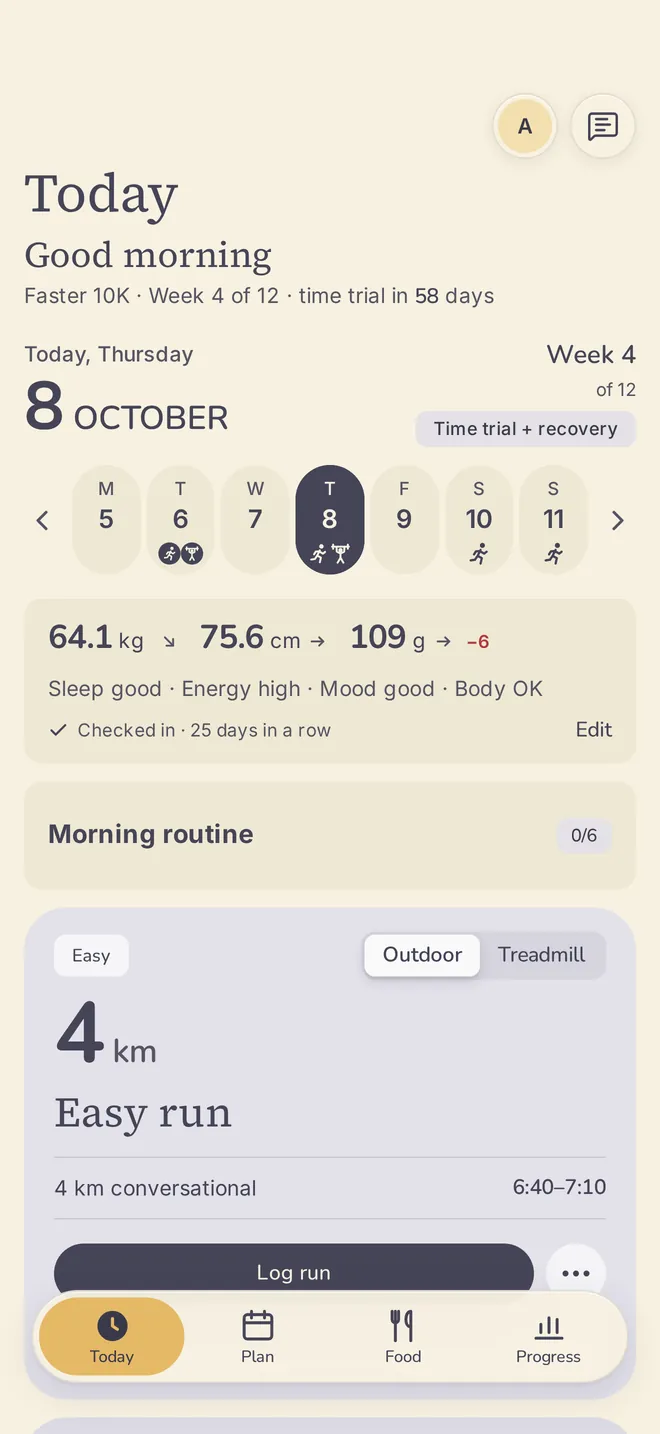 Kelter's Today screen: this morning's check-in, then today's easy 4 km run with Start and Log buttons.